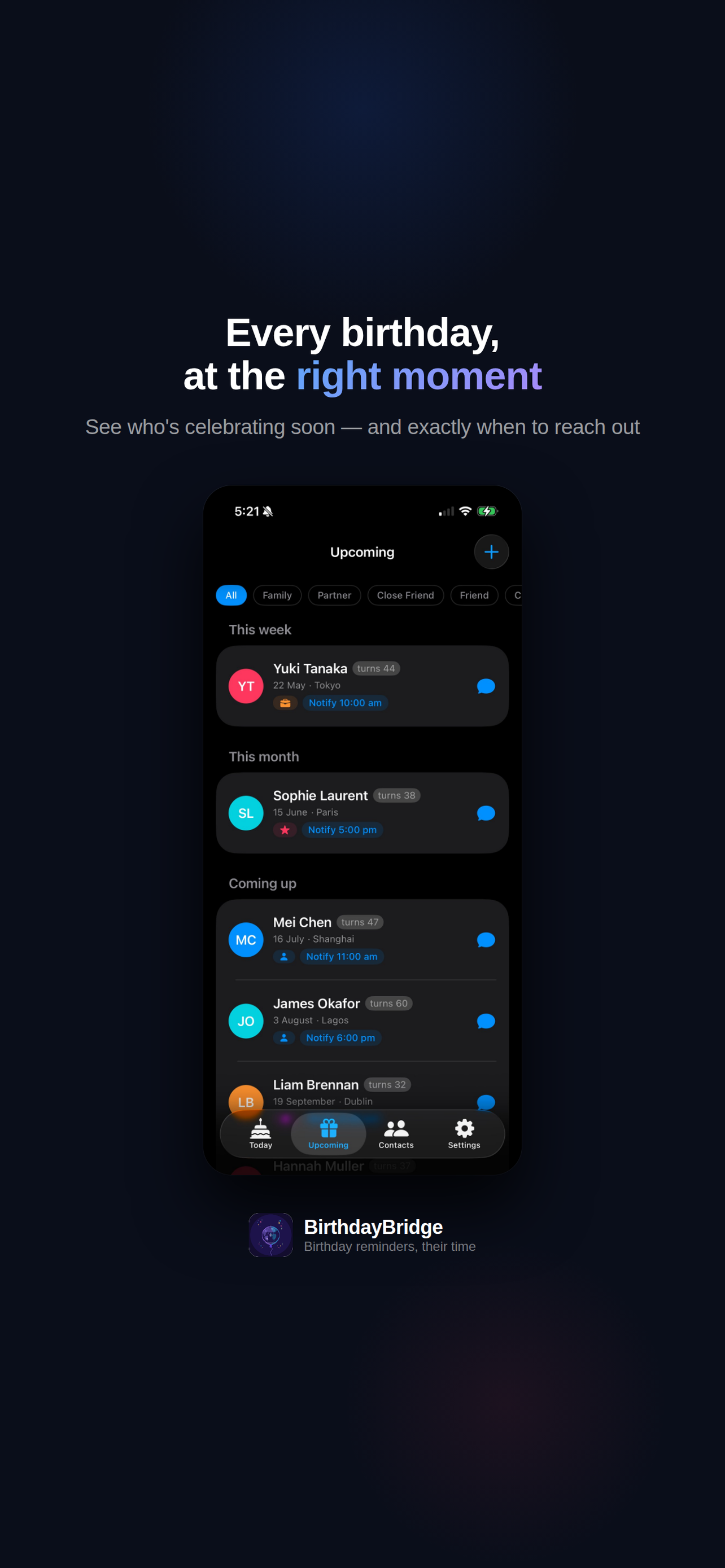 Upcoming birthdays view showing contacts grouped by This Week, This Month, and Coming Up with notification times