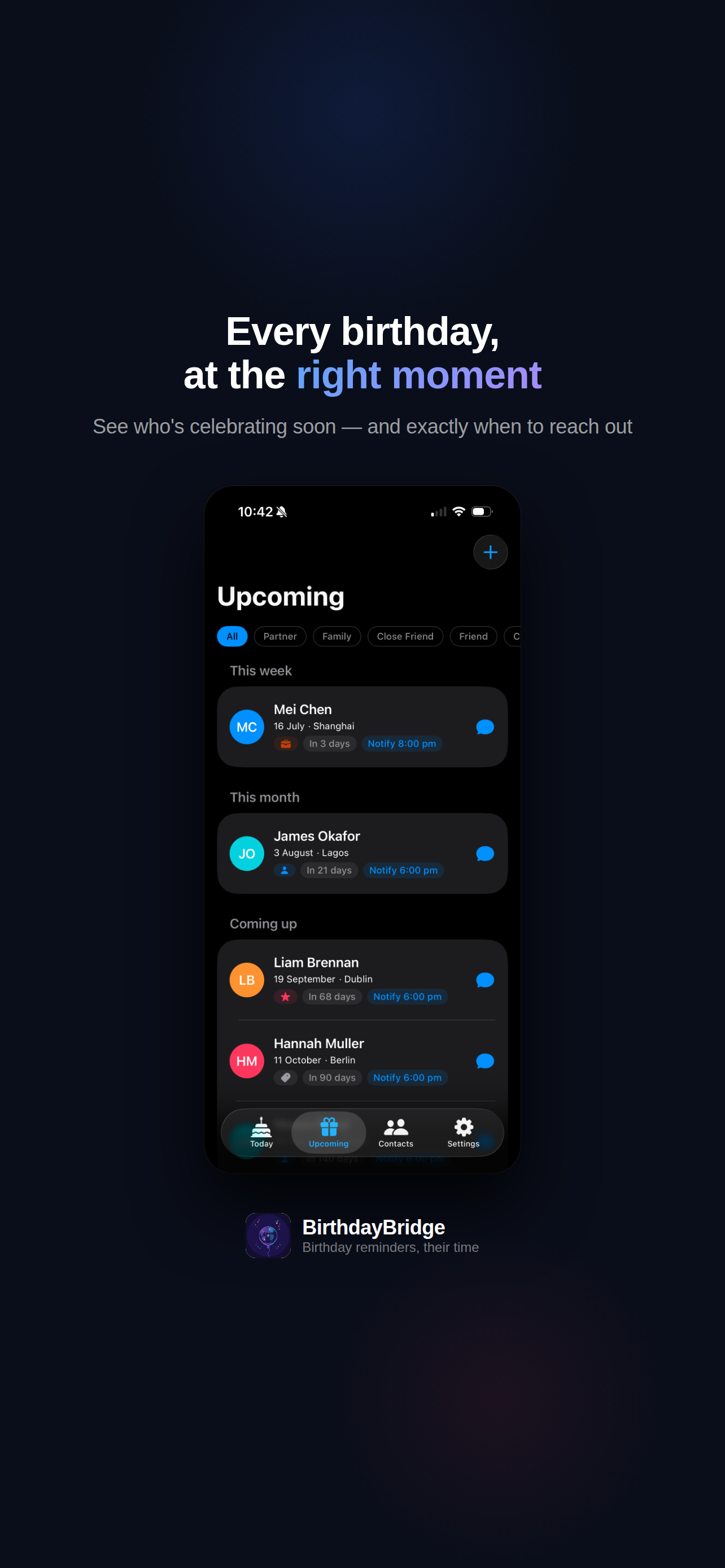 Upcoming birthdays view showing contacts grouped by This Week, This Month, and Coming Up with notification times