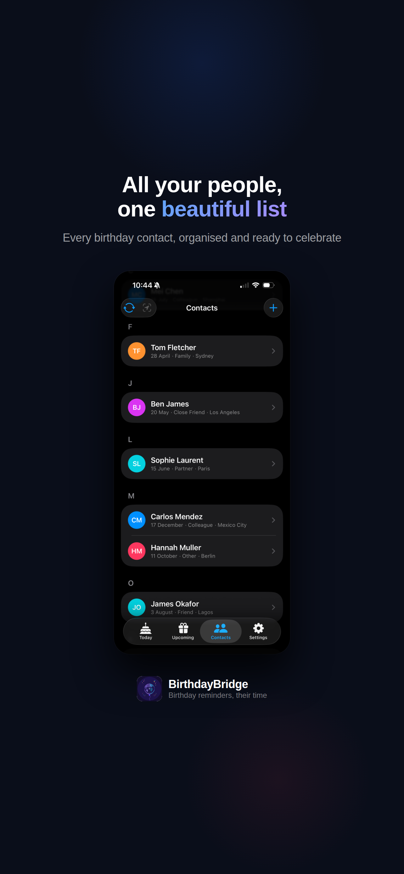 Contacts tab showing alphabetical list of birthday contacts with relationship tags