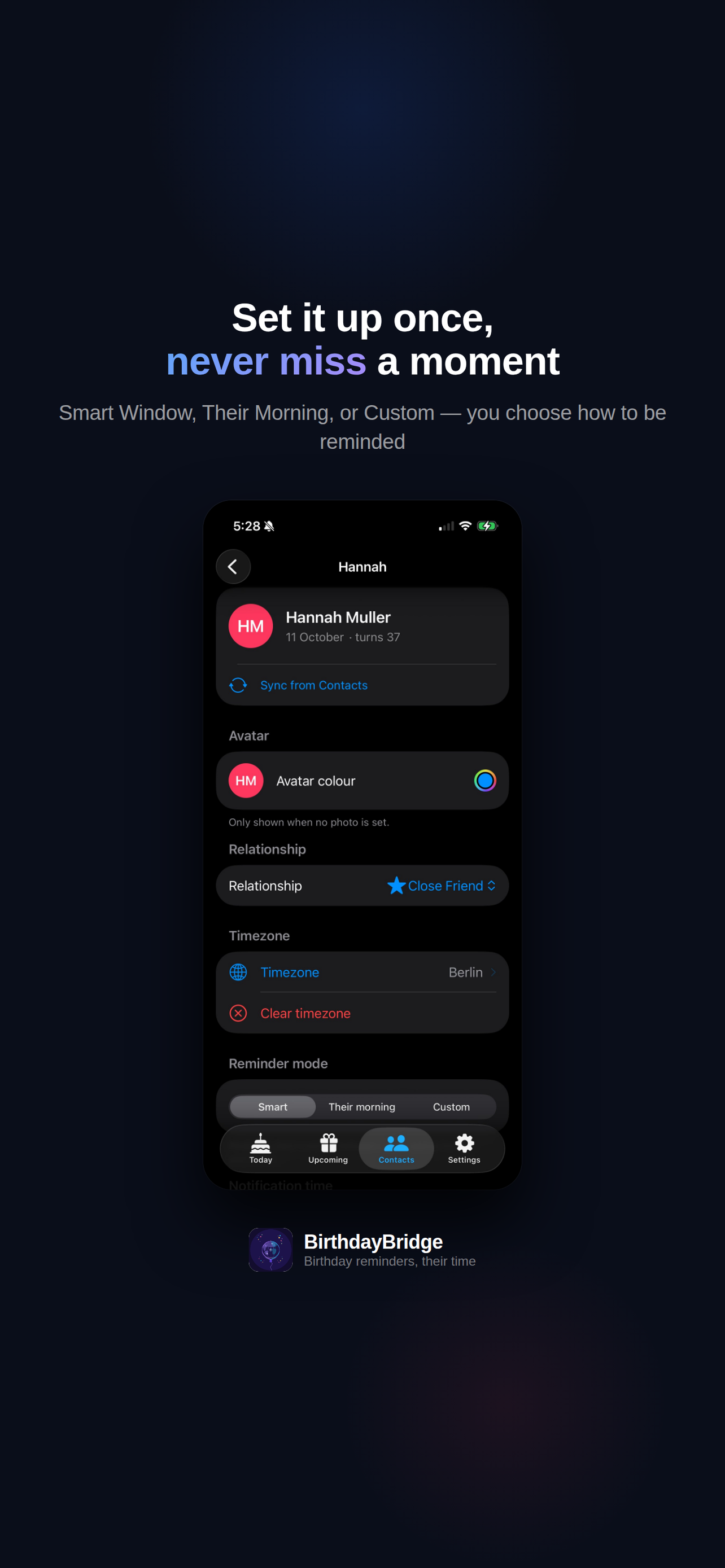 Contact detail view showing Hannah Muller with timezone set to Berlin and Smart Window reminder mode selected