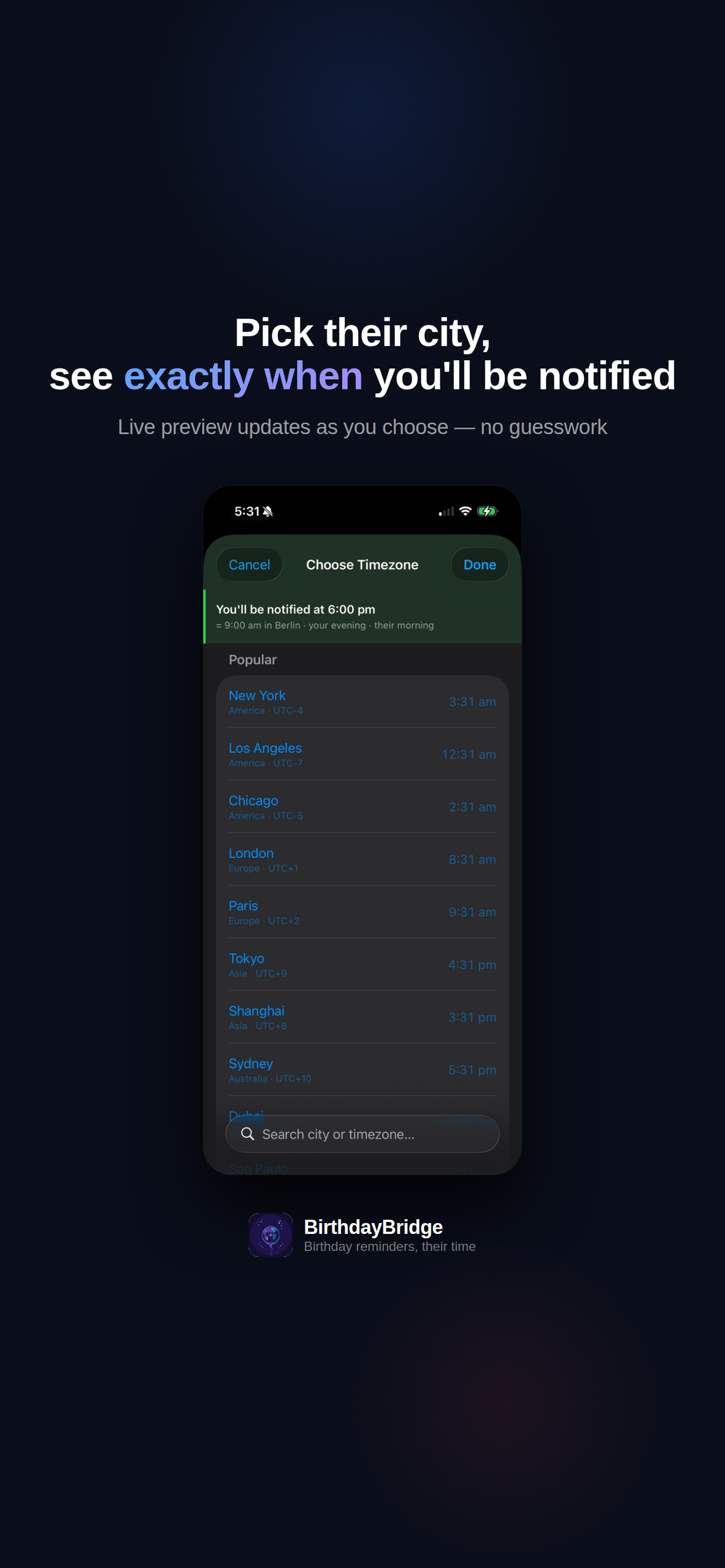 Timezone picker showing popular cities with current local times and a live notification preview banner
