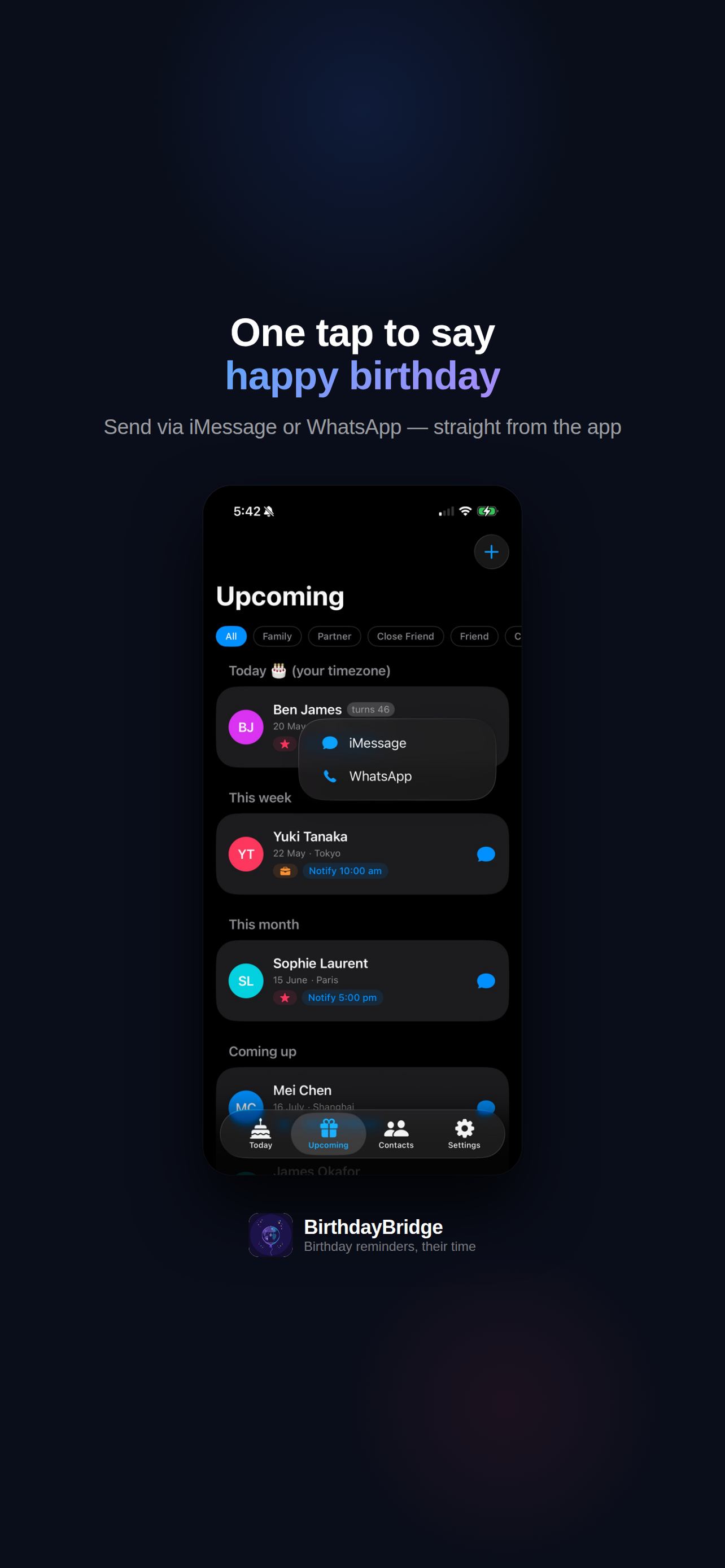 Upcoming view with messaging menu open showing iMessage and WhatsApp options for Ben James