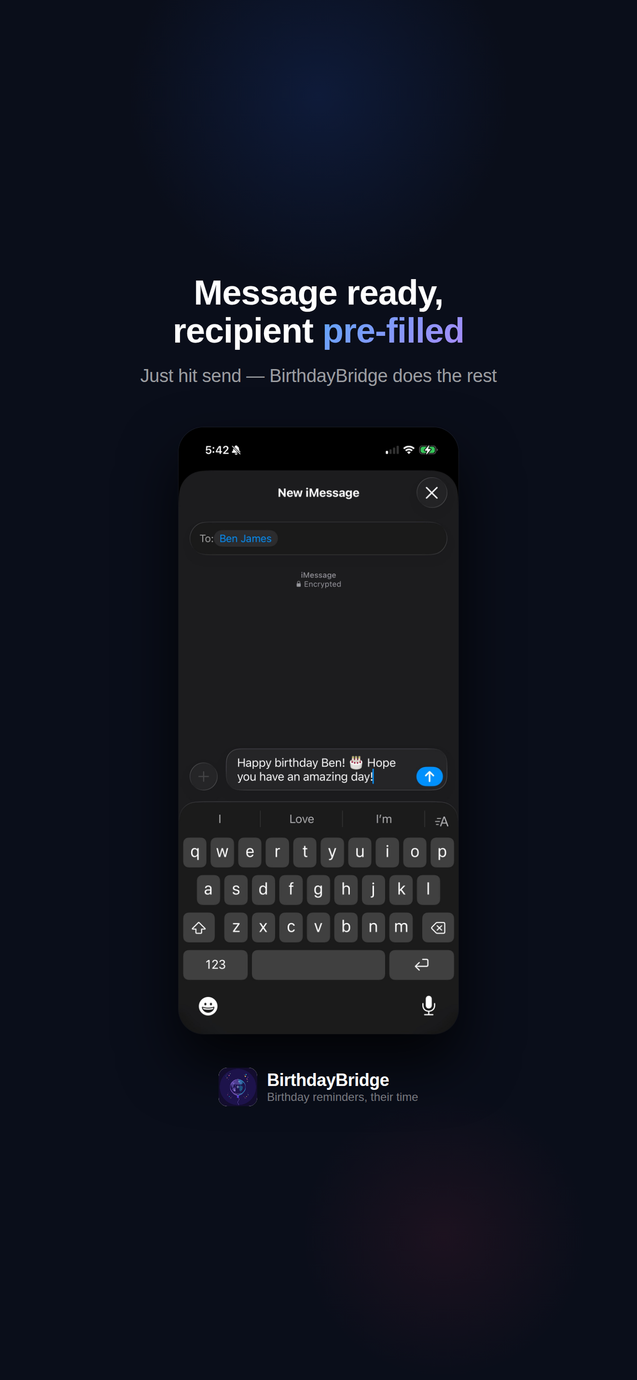 iMessage compose screen pre-filled with Ben James as recipient and a birthday message ready to send