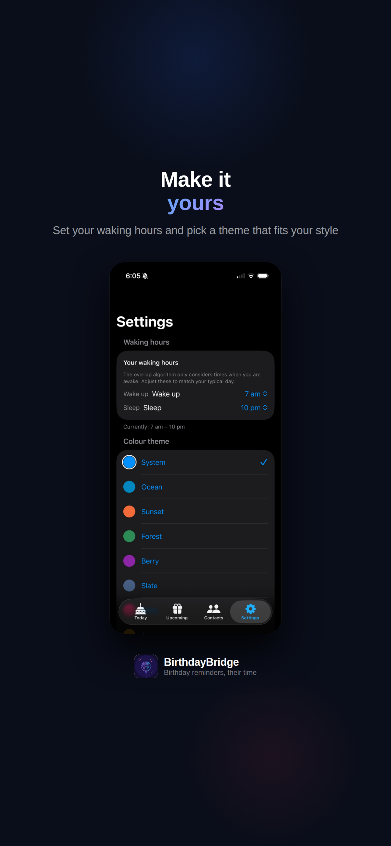 Settings screen showing waking hours configuration and colour theme selector with options including Ocean, Sunset, Forest, Berry and Slate