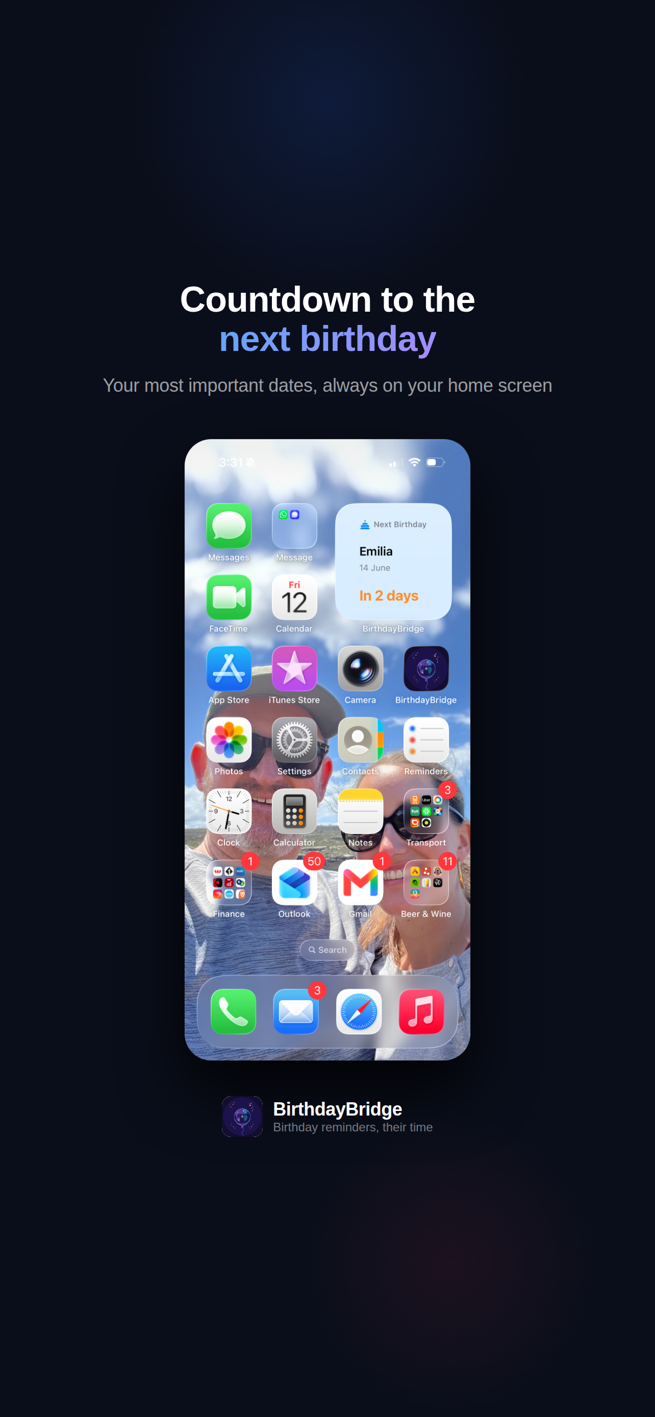 iPhone home screen with the BirthdayBridge widget showing a countdown to the next birthday